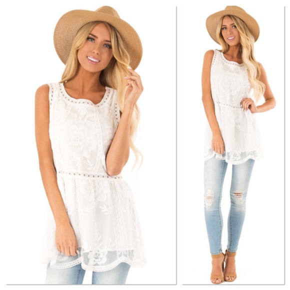 Off White Floral Lace Embroidered Babydoll Tunic - Picture 2 of 4